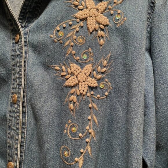 Vintage Denim Jacket Embellished by The Blue Sequin Pearl Beaded XXL - Picture 3 of 4